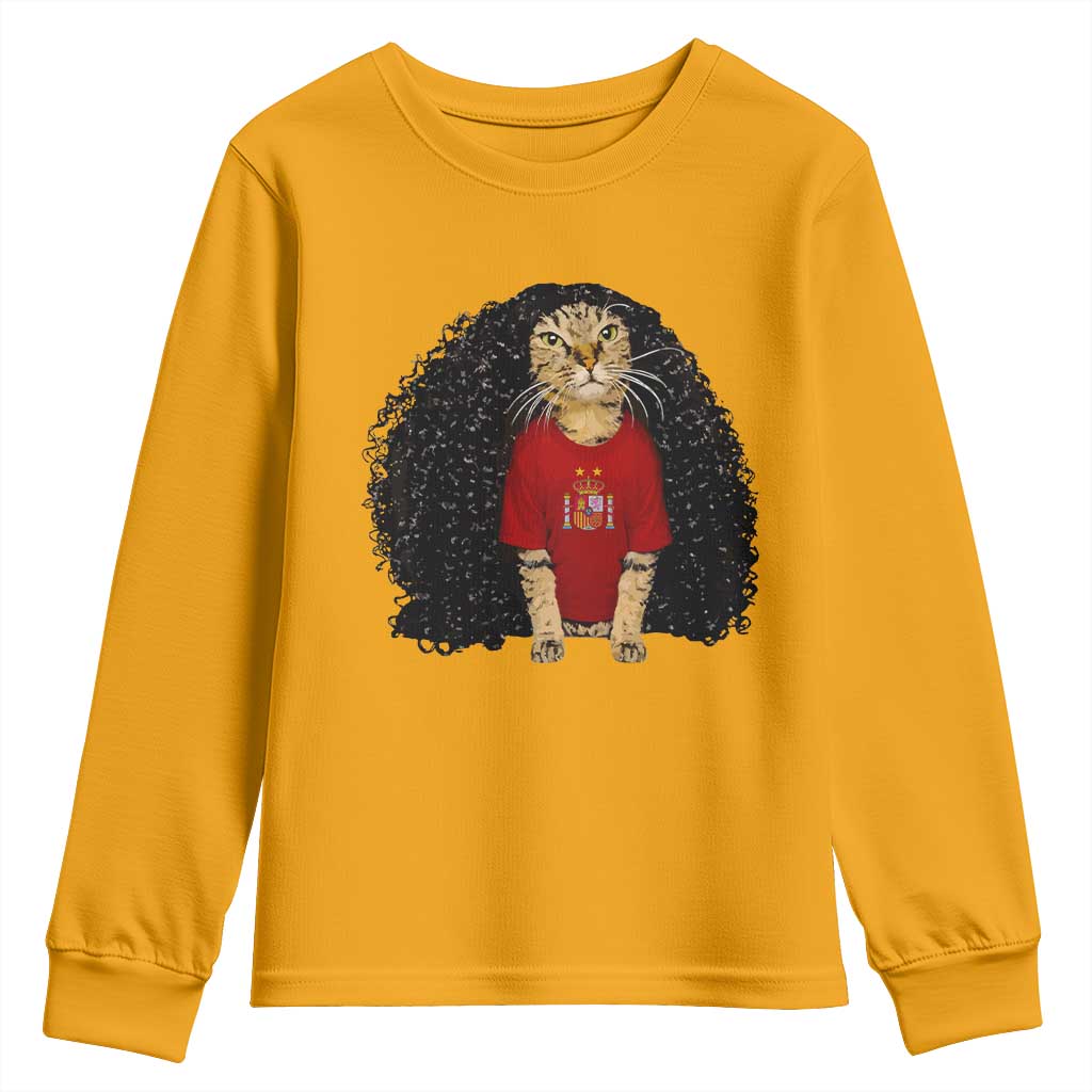 Funny Long Curly Hair Wig Soccer Cat Graphic Youth Sweatshirt Spain Espana Sports Fans Meme Spanish Pride