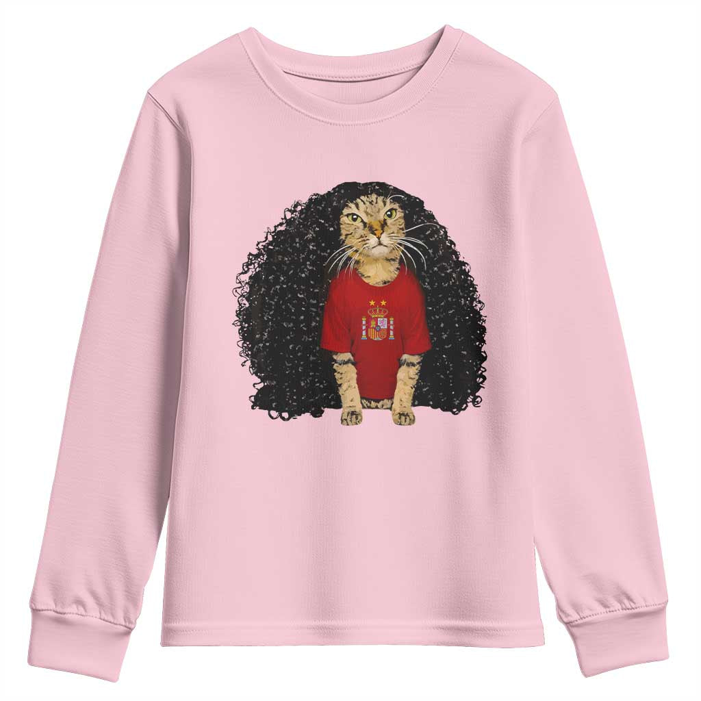 Funny Long Curly Hair Wig Soccer Cat Graphic Youth Sweatshirt Spain Espana Sports Fans Meme Spanish Pride