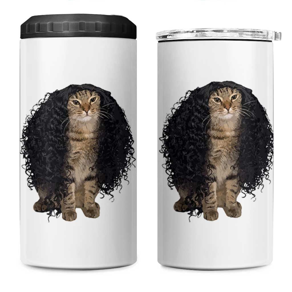 Funny Long Curly Hair Wig Cat Soccer Fans 4 in 1 Can Cooler Tumbler Football Meme Sports Humor