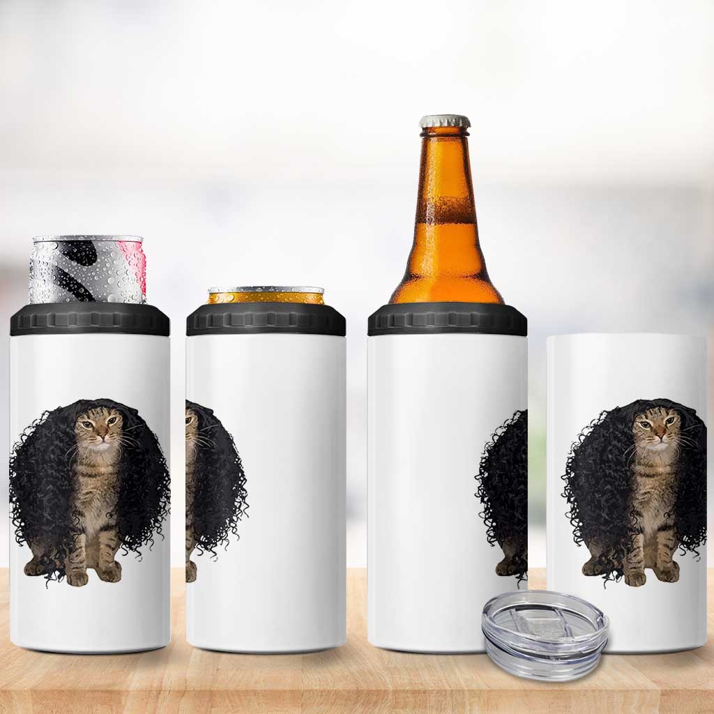 Funny Long Curly Hair Wig Cat Soccer Fans 4 in 1 Can Cooler Tumbler Football Meme Sports Humor