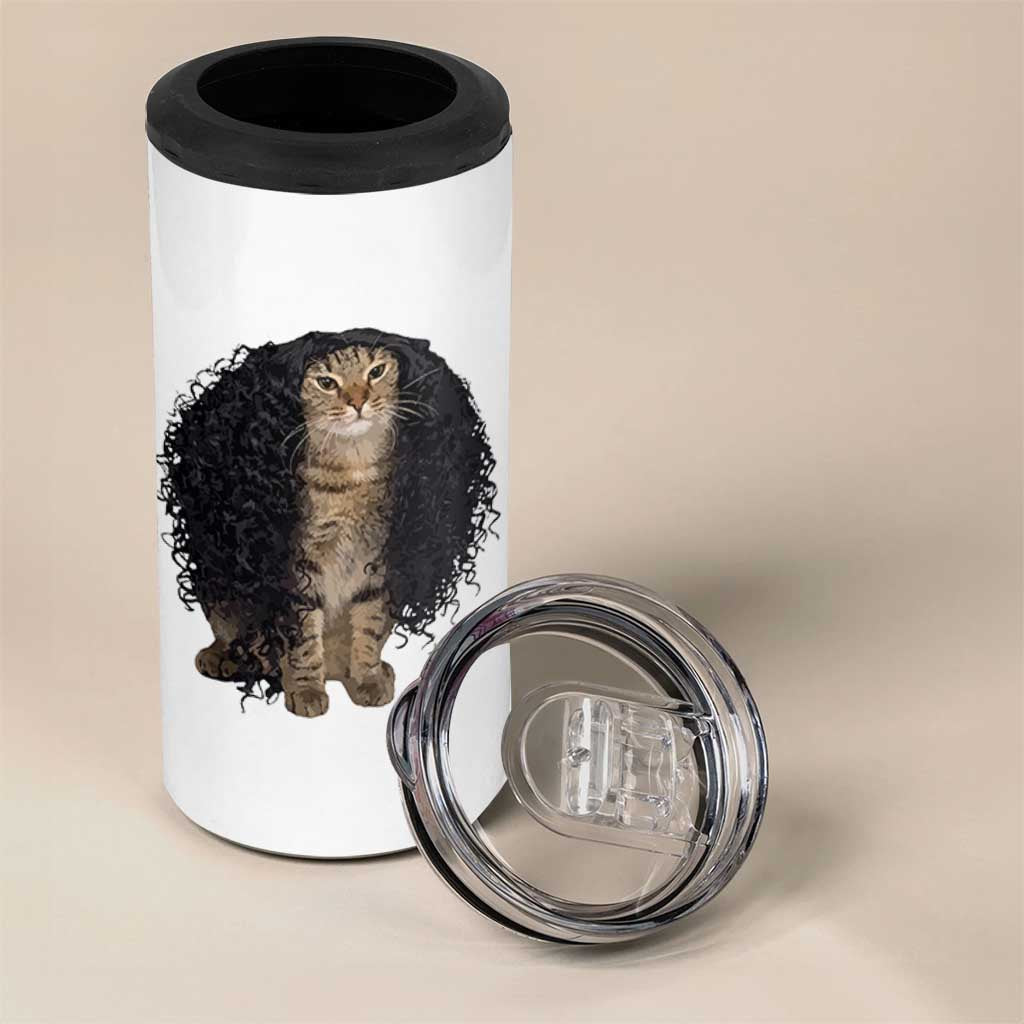 Funny Long Curly Hair Wig Cat Soccer Fans 4 in 1 Can Cooler Tumbler Football Meme Sports Humor
