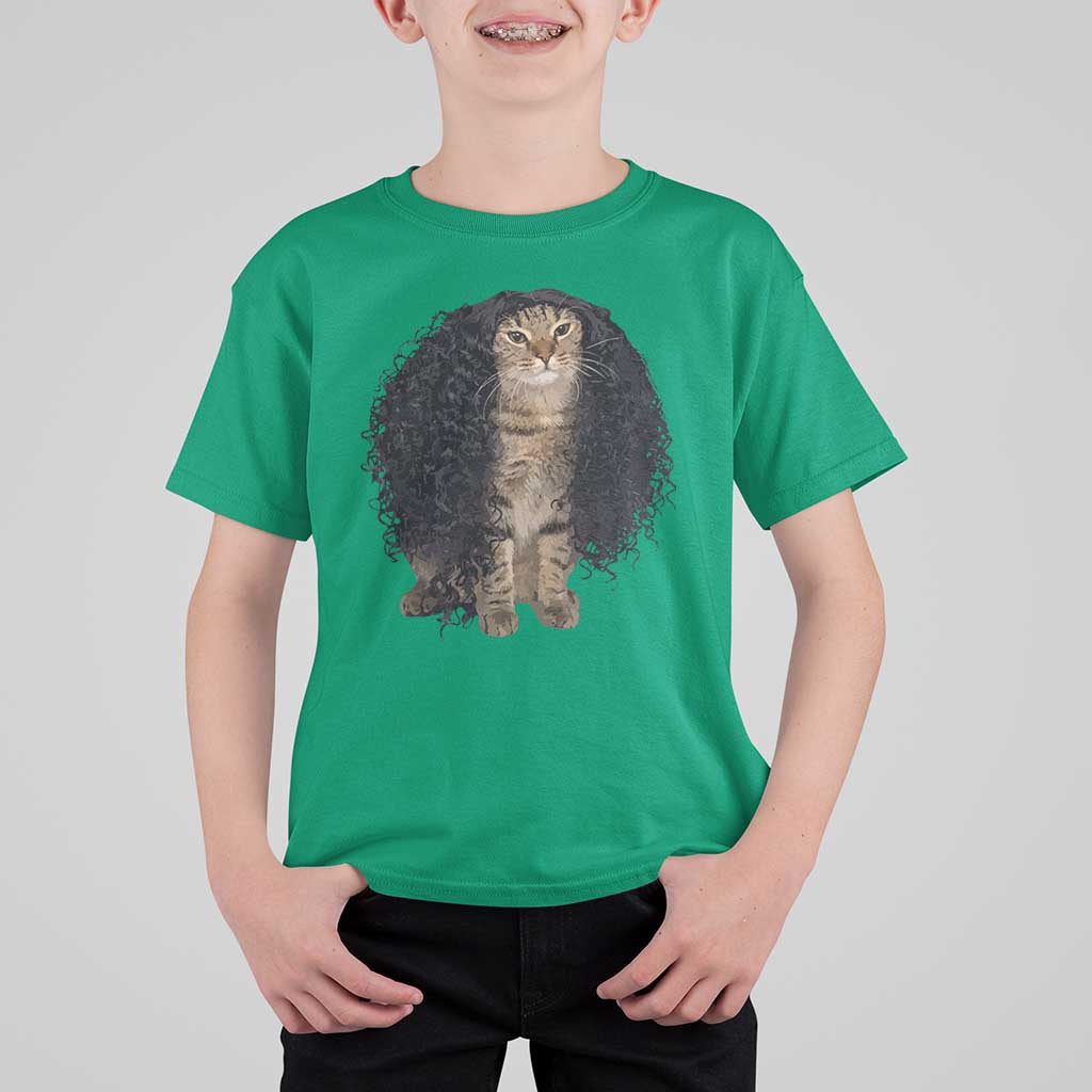 Funny Long Curly Hair Wig Cat Soccer Fans T Shirt For Kid Football Meme Sports Humor