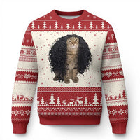 Funny Long Curly Hair Wig Cat Soccer Fans Ugly Christmas Sweater Football Meme Sports Humor