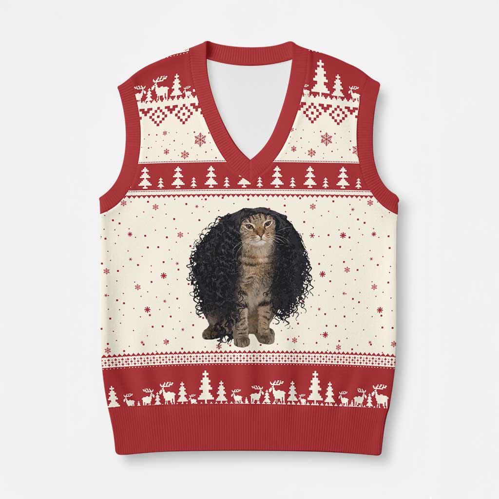 Funny Long Curly Hair Wig Cat Soccer Fans V-Neck Knit Sweater Vest Football Meme Sports Humor