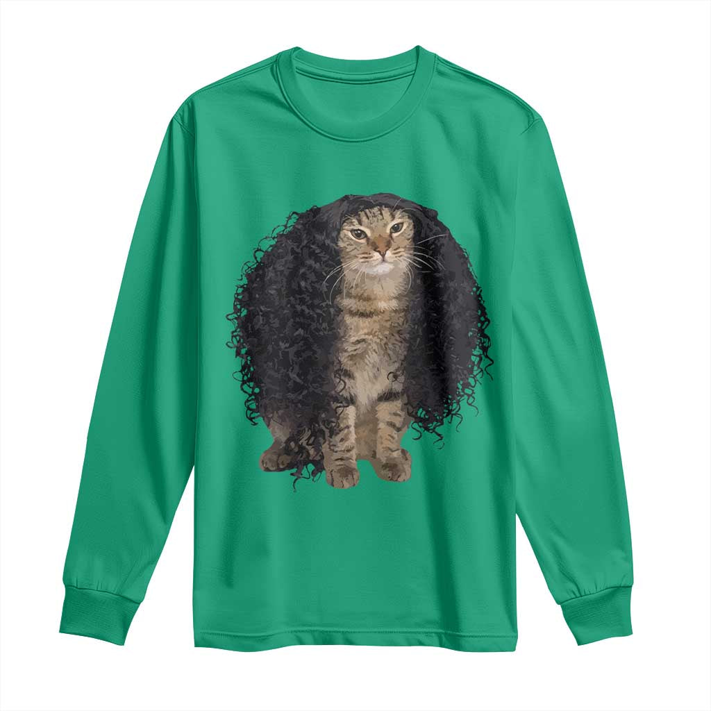 Funny Long Curly Hair Wig Cat Soccer Fans Long Sleeve Shirt Football Meme Sports Humor
