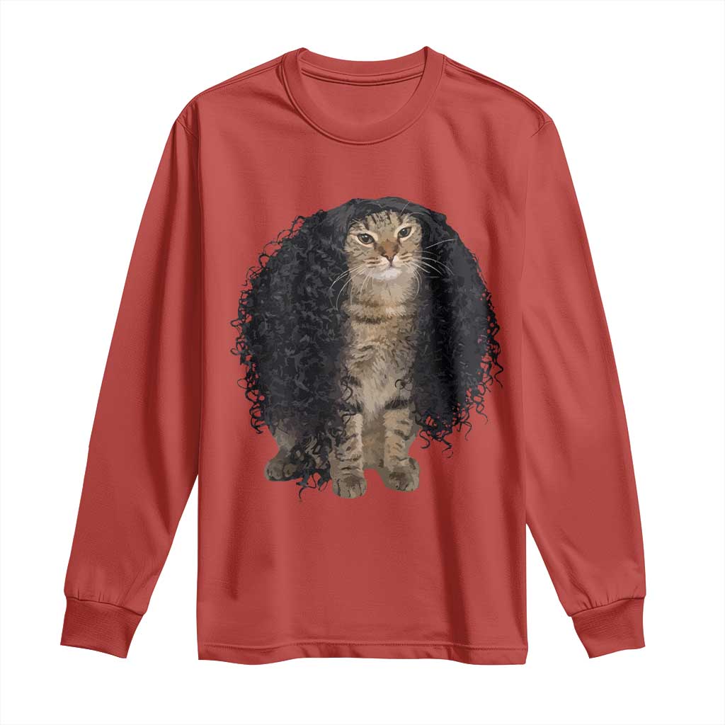 Funny Long Curly Hair Wig Cat Soccer Fans Long Sleeve Shirt Football Meme Sports Humor
