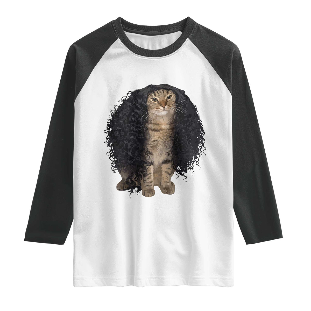 Funny Long Curly Hair Wig Cat Soccer Fans Raglan Shirt Football Meme Sports Humor