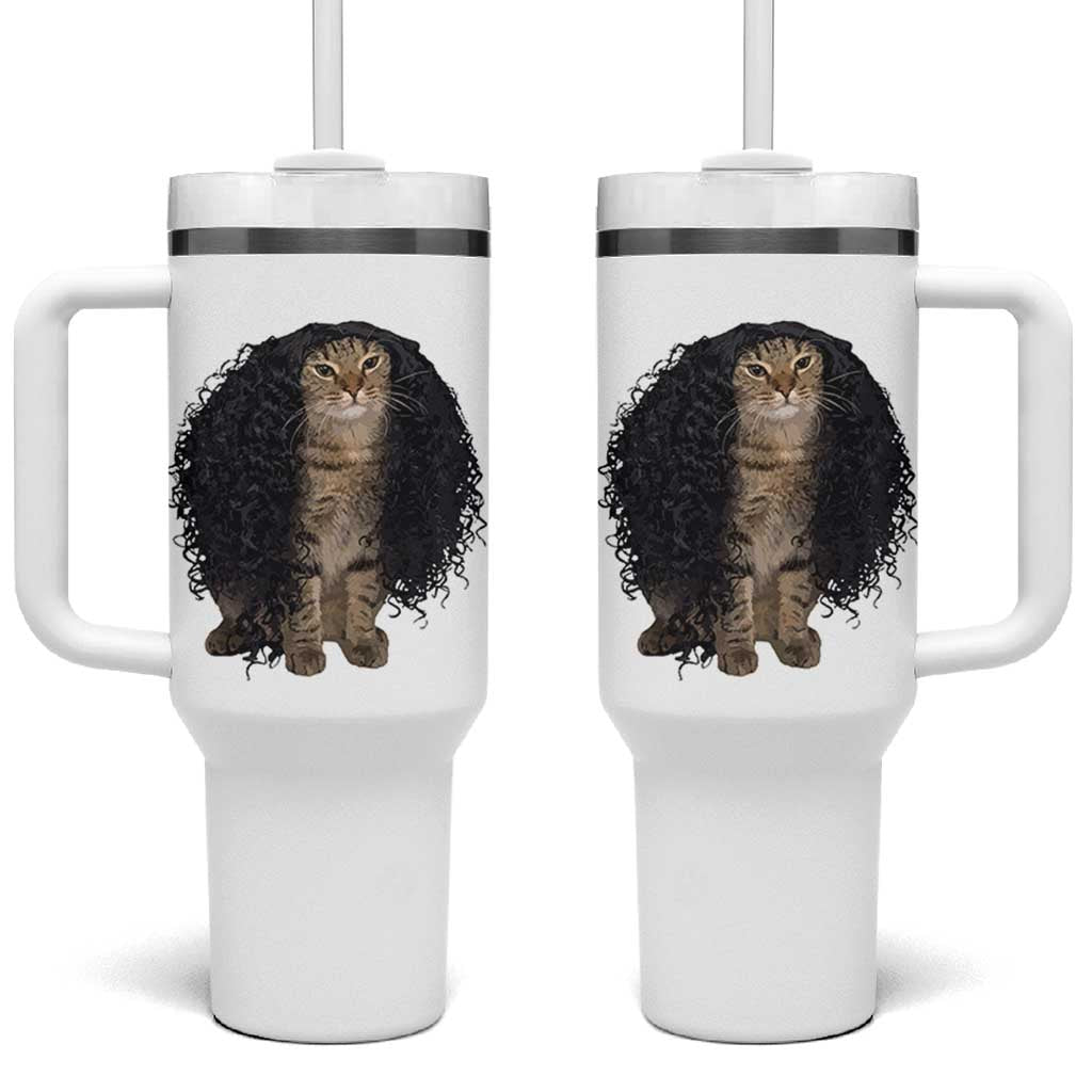 Funny Long Curly Hair Wig Cat Soccer Fans Tumbler With Handle Football Meme Sports Humor