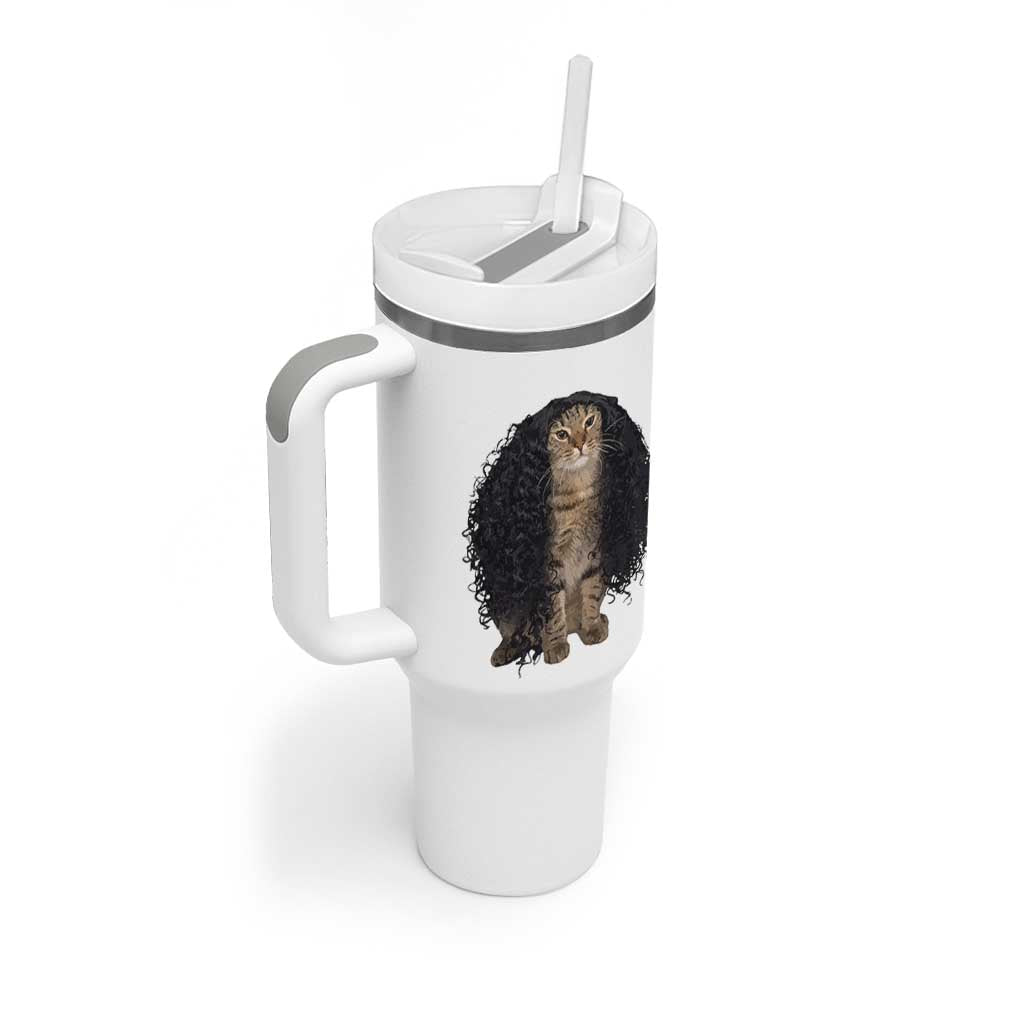 Funny Long Curly Hair Wig Cat Soccer Fans Tumbler With Handle Football Meme Sports Humor