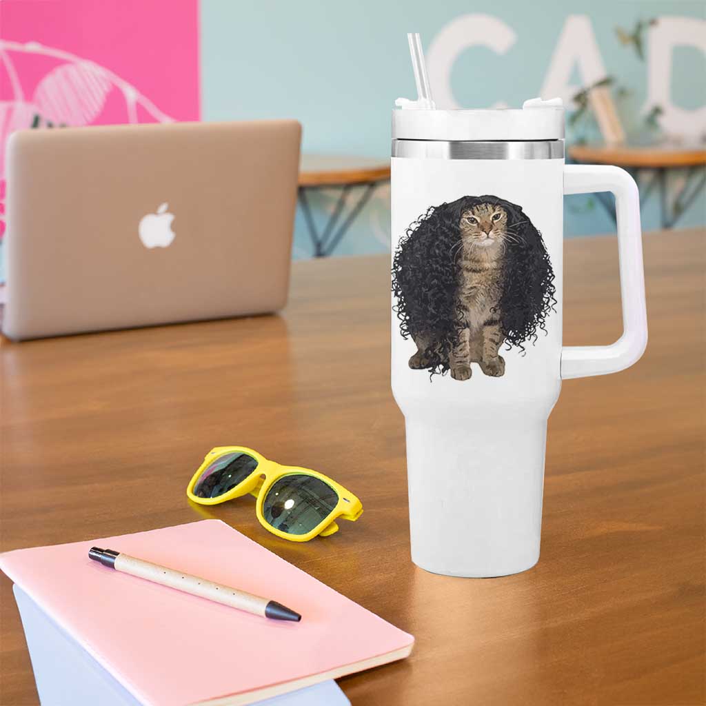 Funny Long Curly Hair Wig Cat Soccer Fans Tumbler With Handle Football Meme Sports Humor