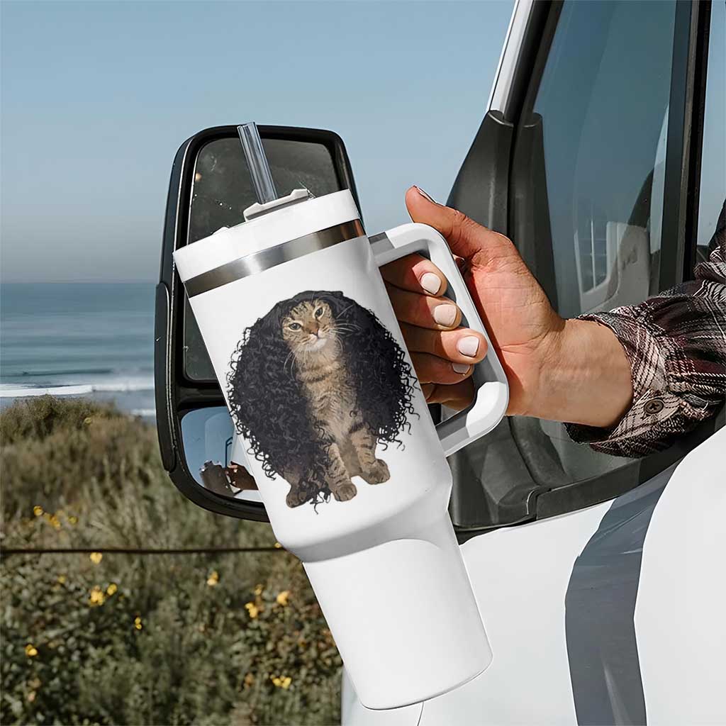 Funny Long Curly Hair Wig Cat Soccer Fans Tumbler With Handle Football Meme Sports Humor