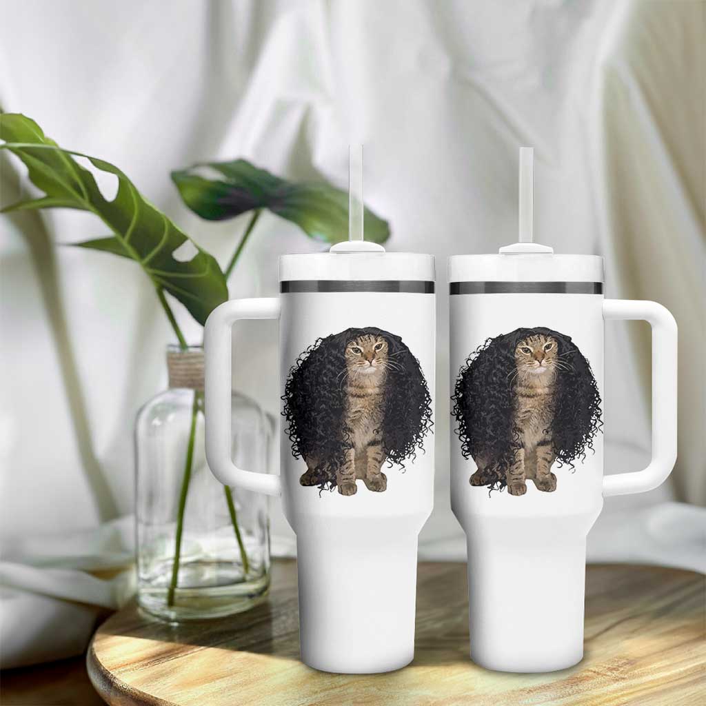 Funny Long Curly Hair Wig Cat Soccer Fans Tumbler With Handle Football Meme Sports Humor