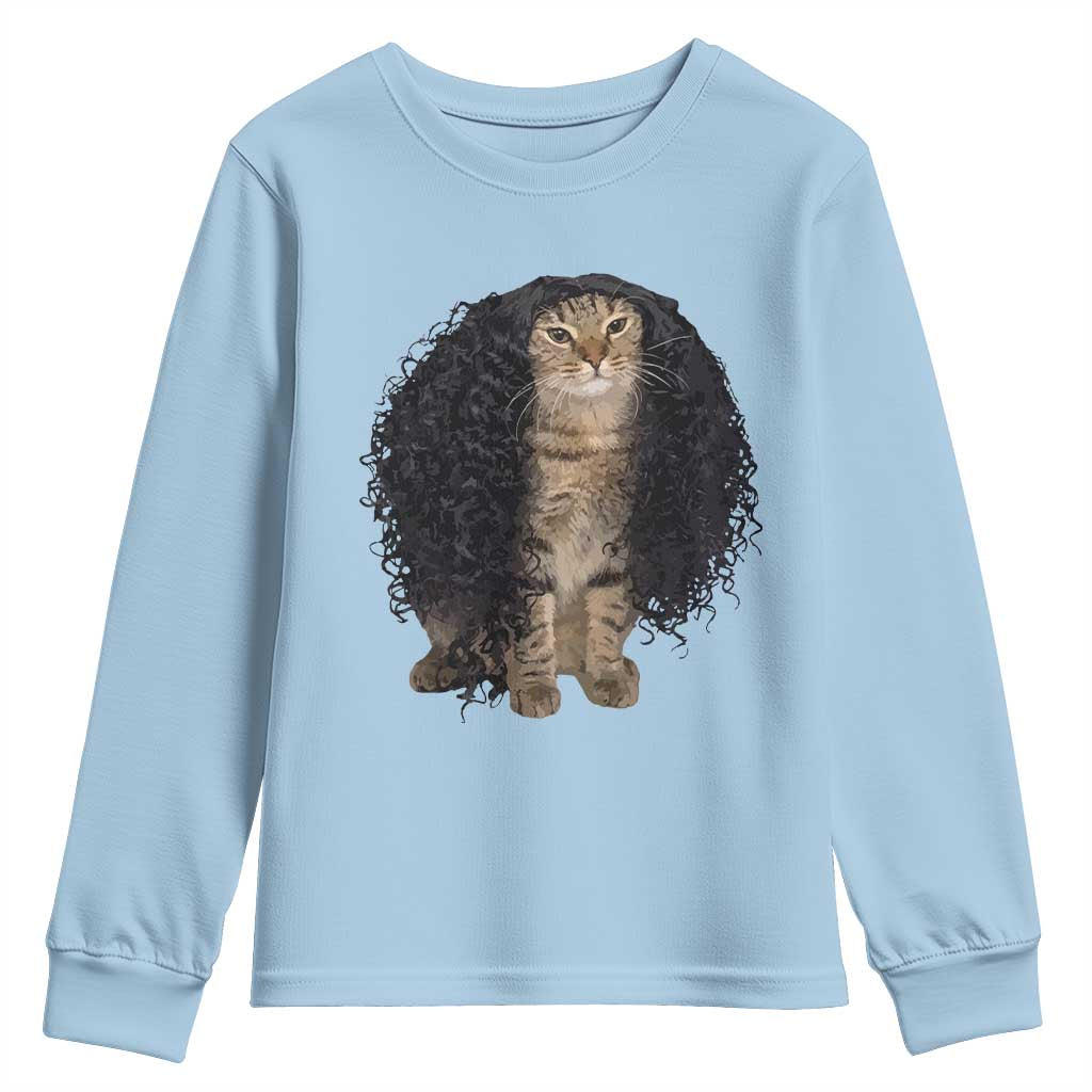 Funny Long Curly Hair Wig Cat Soccer Fans Youth Sweatshirt Football Meme Sports Humor