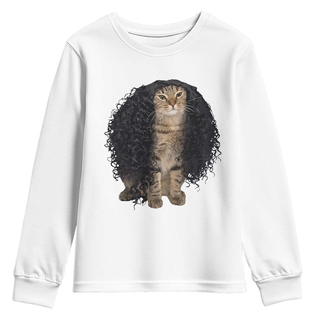 Funny Long Curly Hair Wig Cat Soccer Fans Youth Sweatshirt Football Meme Sports Humor