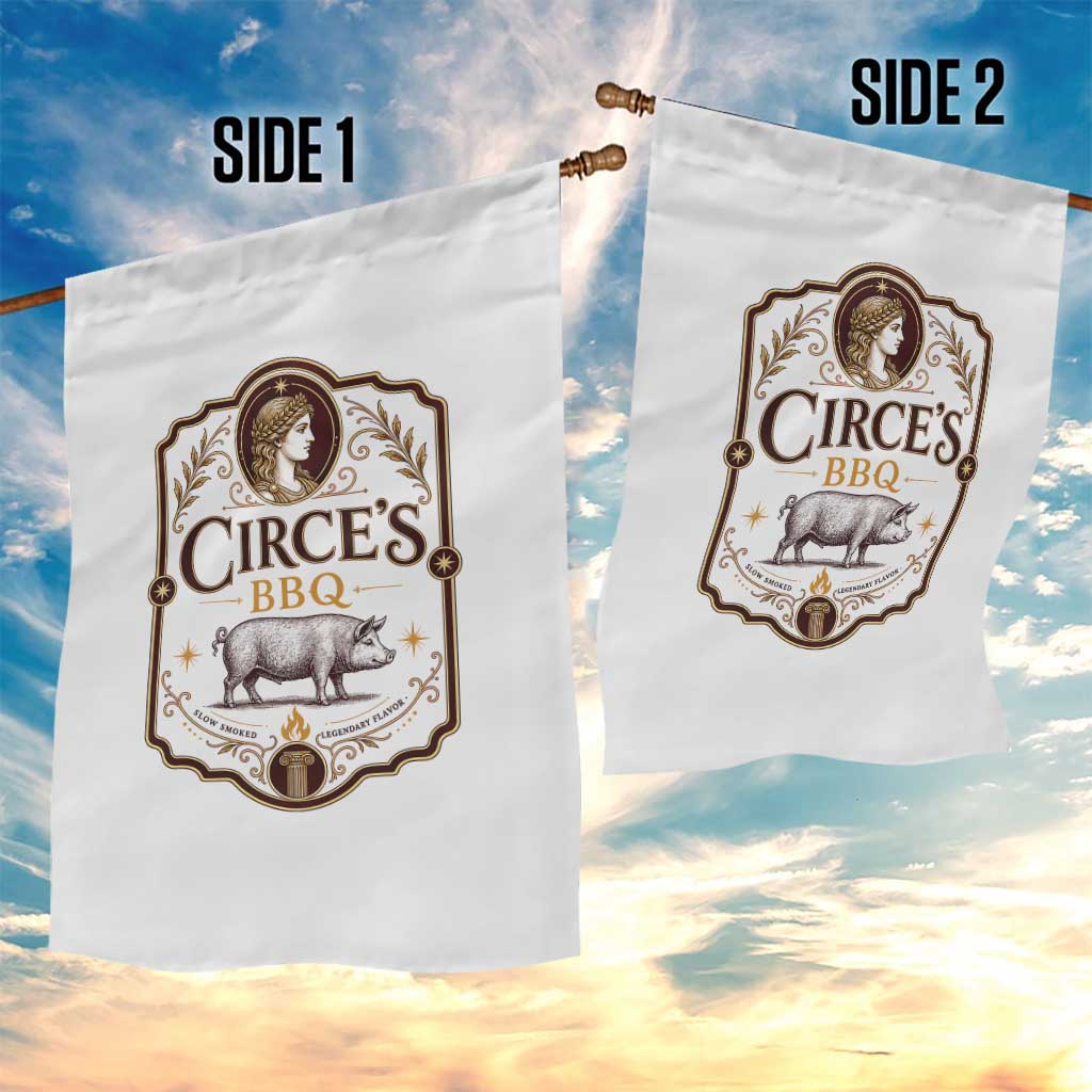 Circes BBQ Funny Greek Mythology Dark Humor Garden Flag Slow Smoked Legendary Flavor Odysseus Pigs Odyssey Parody