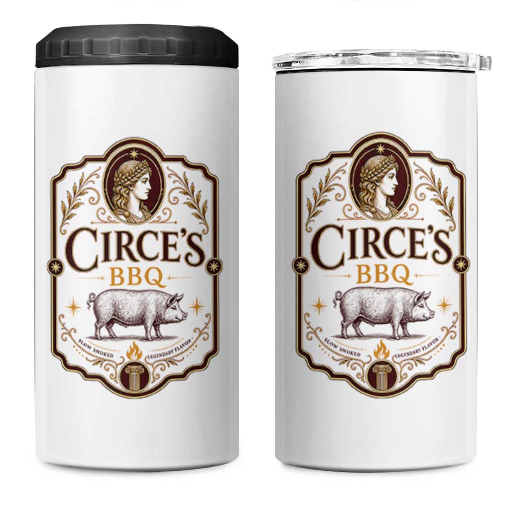 Circes BBQ Funny Greek Mythology Dark Humor 4 in 1 Can Cooler Tumbler Slow Smoked Legendary Flavor Odysseus Pigs Odyssey Parody