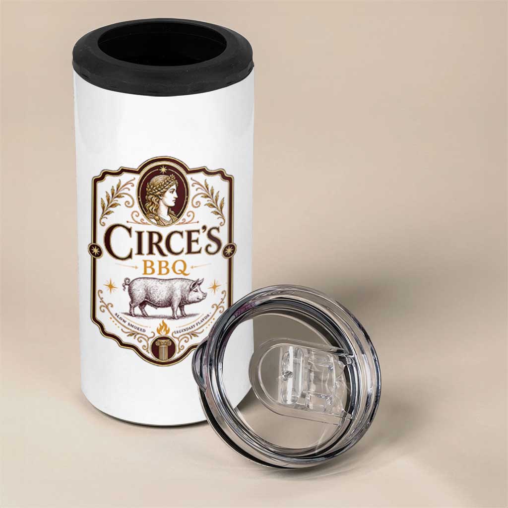 Circes BBQ Funny Greek Mythology Dark Humor 4 in 1 Can Cooler Tumbler Slow Smoked Legendary Flavor Odysseus Pigs Odyssey Parody