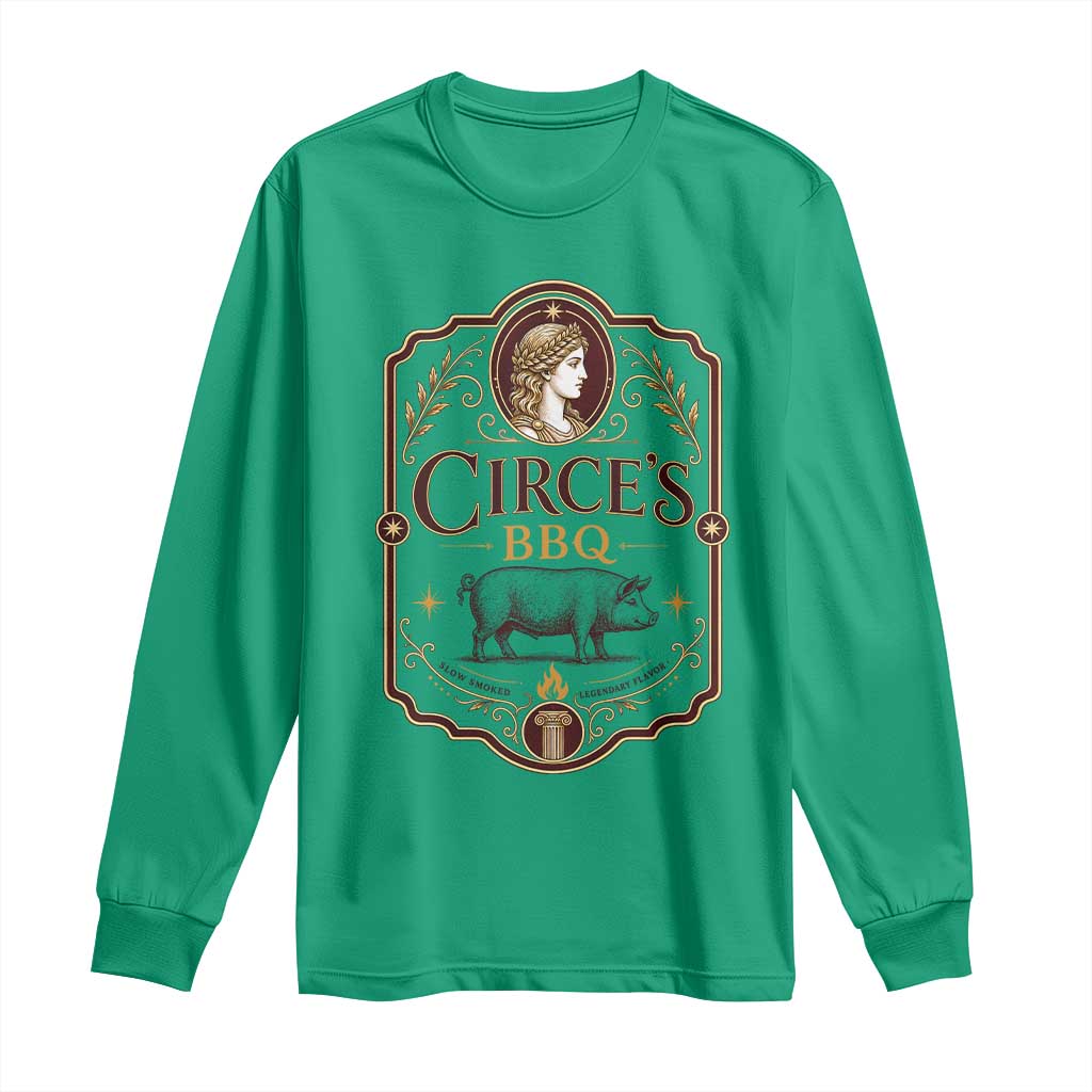 Circes BBQ Funny Greek Mythology Dark Humor Long Sleeve Shirt Slow Smoked Legendary Flavor Odysseus Pigs Odyssey Parody