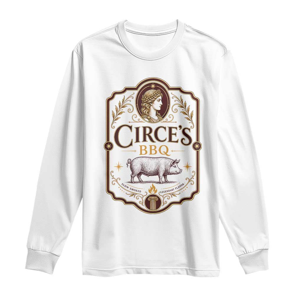 Circes BBQ Funny Greek Mythology Dark Humor Long Sleeve Shirt Slow Smoked Legendary Flavor Odysseus Pigs Odyssey Parody