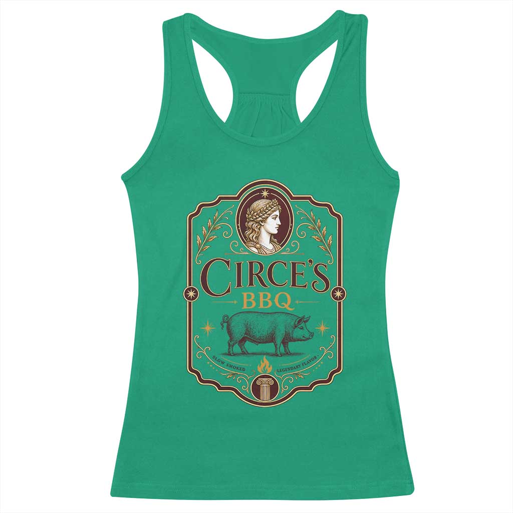 Circes BBQ Funny Greek Mythology Dark Humor Racerback Tank Top Slow Smoked Legendary Flavor Odysseus Pigs Odyssey Parody