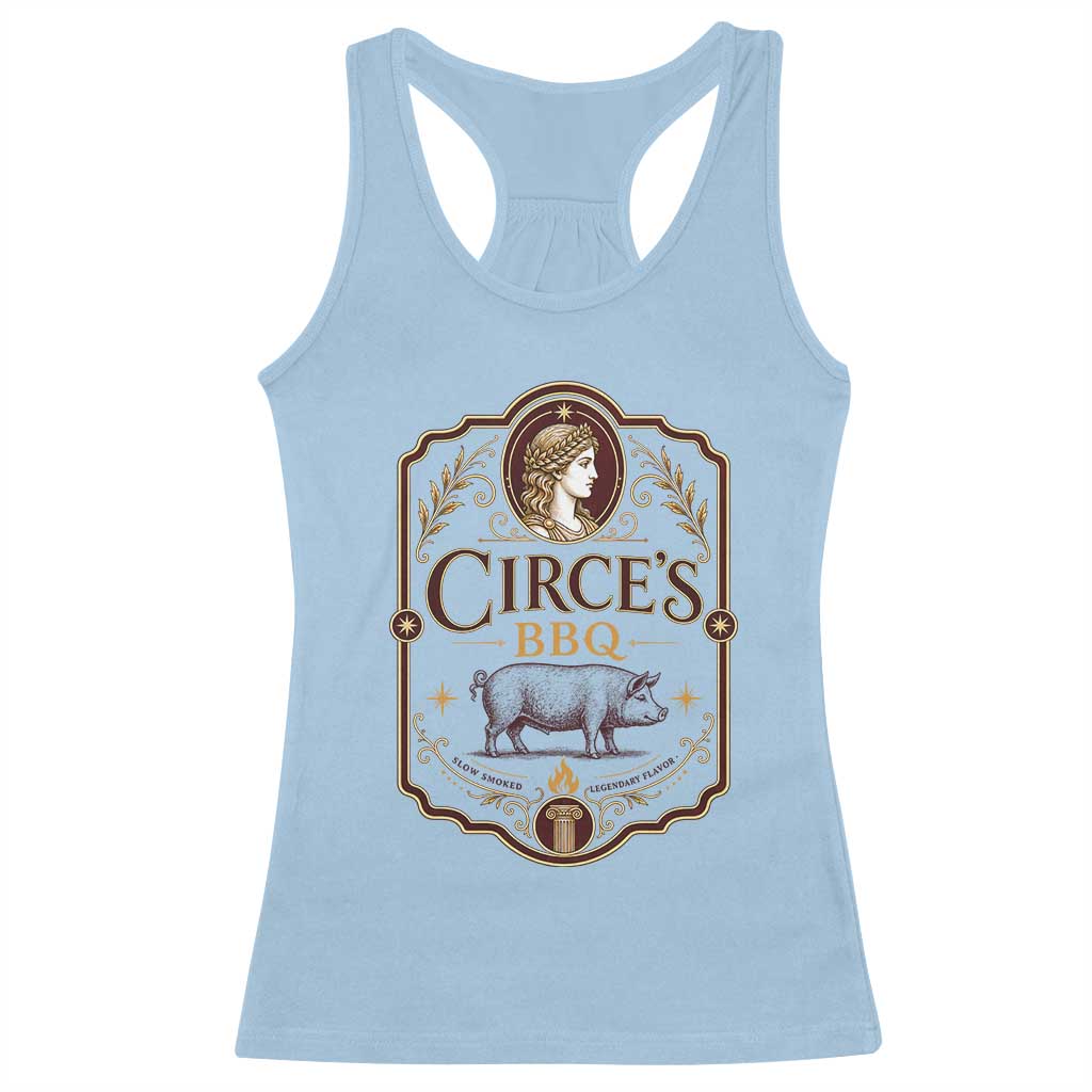 Circes BBQ Funny Greek Mythology Dark Humor Racerback Tank Top Slow Smoked Legendary Flavor Odysseus Pigs Odyssey Parody