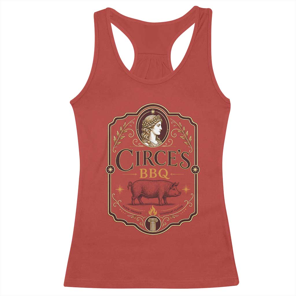Circes BBQ Funny Greek Mythology Dark Humor Racerback Tank Top Slow Smoked Legendary Flavor Odysseus Pigs Odyssey Parody