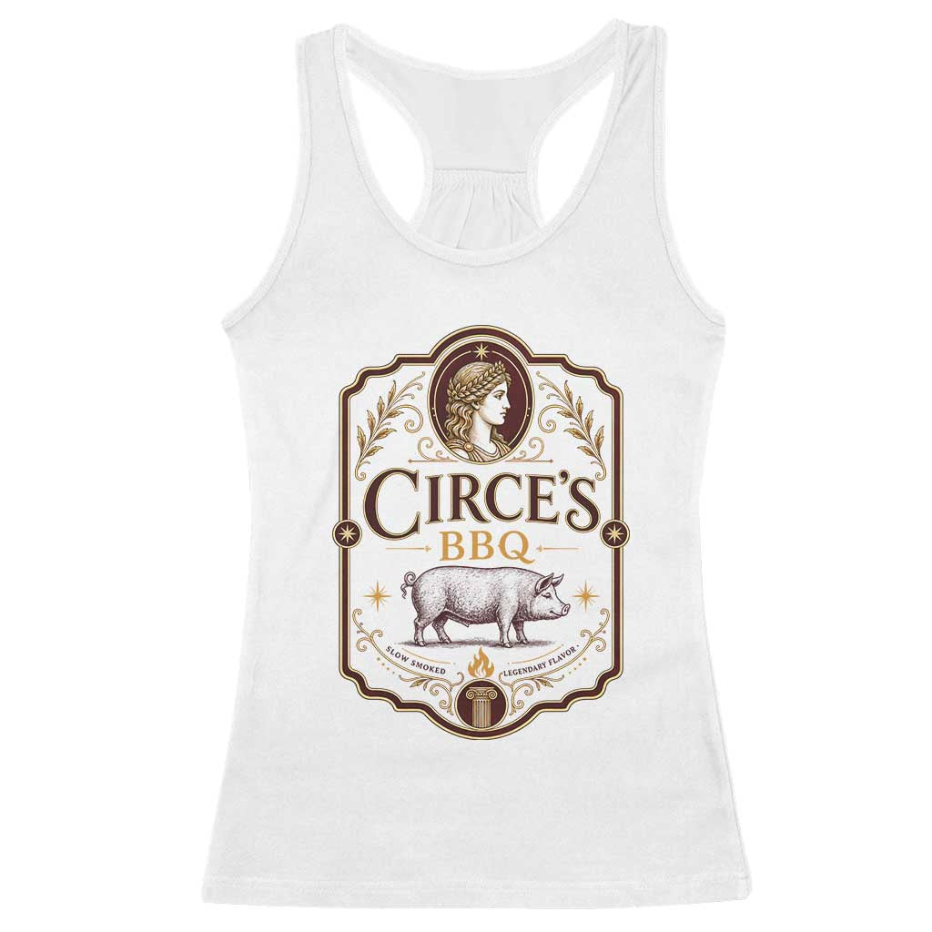 Circes BBQ Funny Greek Mythology Dark Humor Racerback Tank Top Slow Smoked Legendary Flavor Odysseus Pigs Odyssey Parody