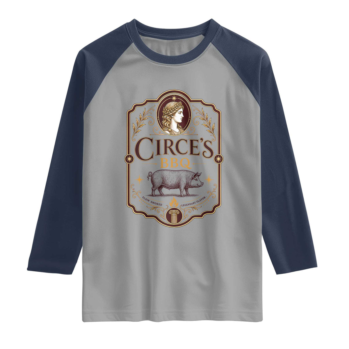 Circes BBQ Funny Greek Mythology Dark Humor Raglan Shirt Slow Smoked Legendary Flavor Odysseus Pigs Odyssey Parody