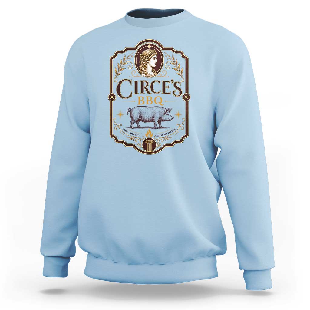 Circes BBQ Funny Greek Mythology Dark Humor Sweatshirt Slow Smoked Legendary Flavor Odysseus Pigs Odyssey Parody