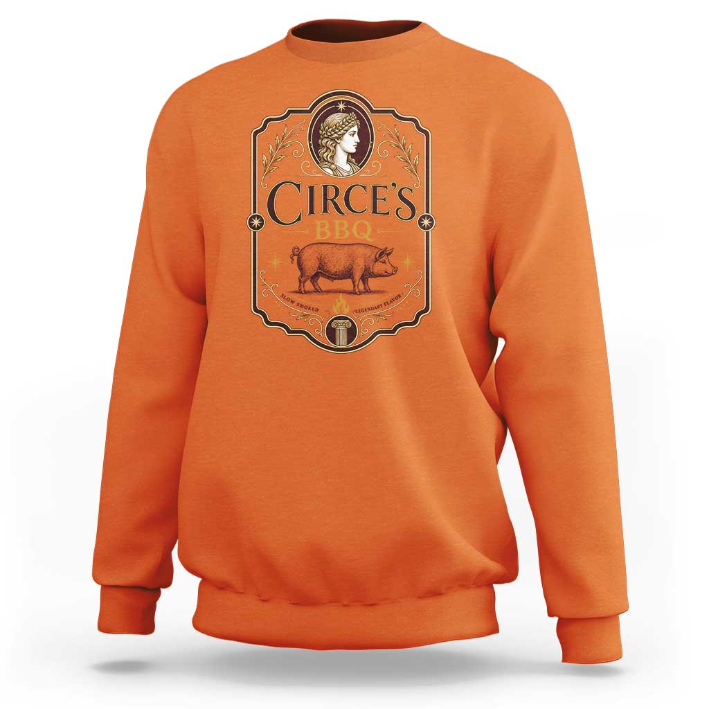 Circes BBQ Funny Greek Mythology Dark Humor Sweatshirt Slow Smoked Legendary Flavor Odysseus Pigs Odyssey Parody