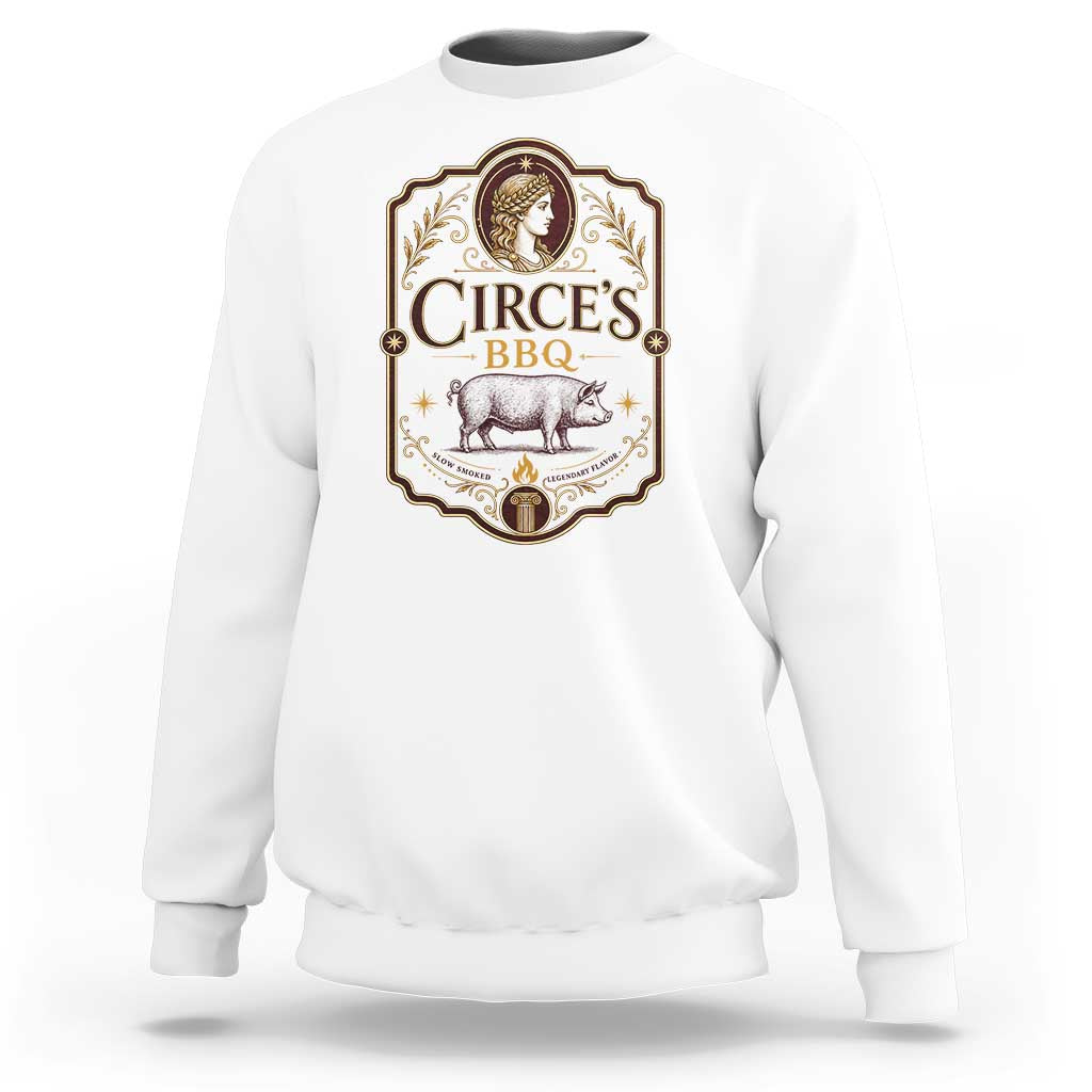 Circes BBQ Funny Greek Mythology Dark Humor Sweatshirt Slow Smoked Legendary Flavor Odysseus Pigs Odyssey Parody