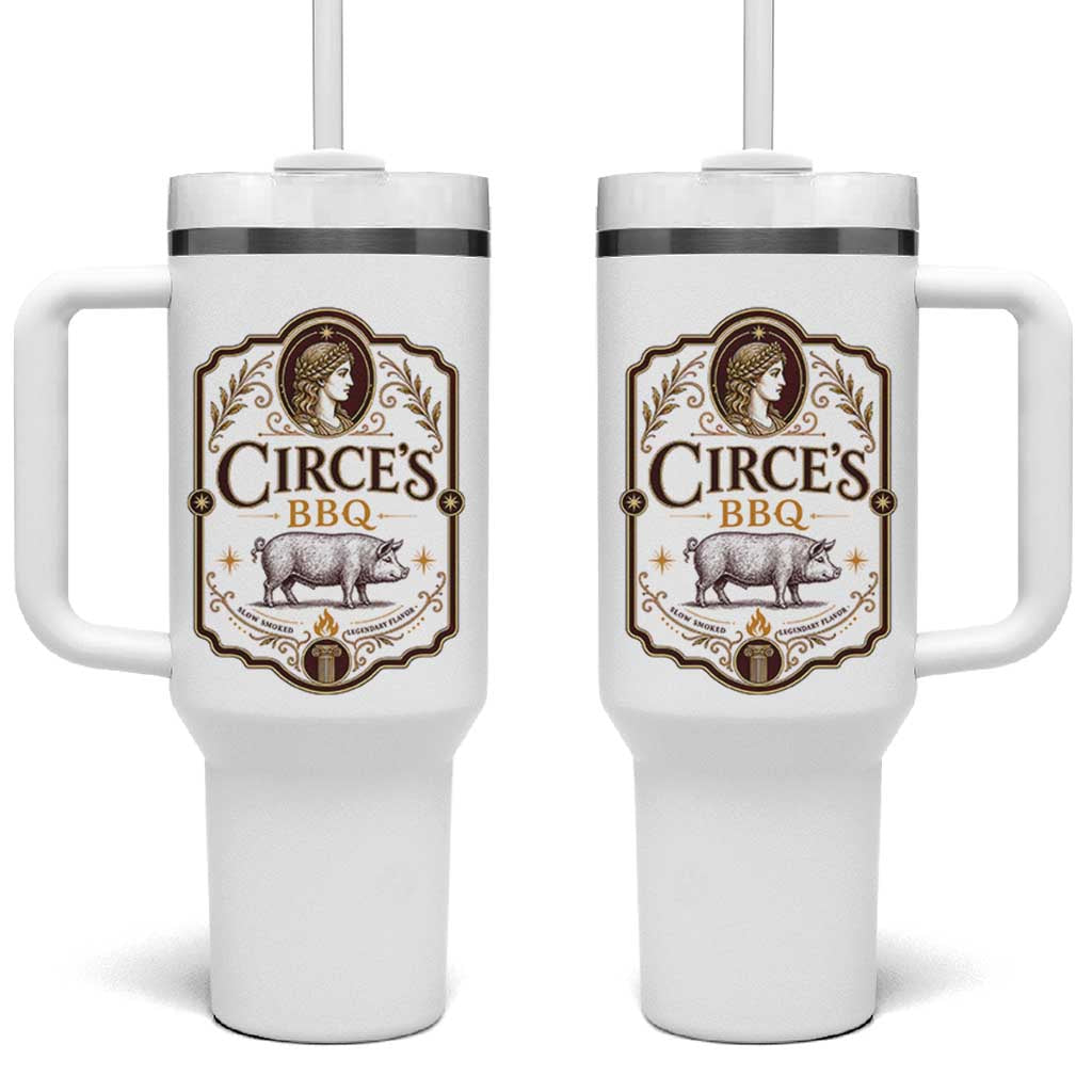 Circes BBQ Funny Greek Mythology Dark Humor Tumbler With Handle Slow Smoked Legendary Flavor Odysseus Pigs Odyssey Parody