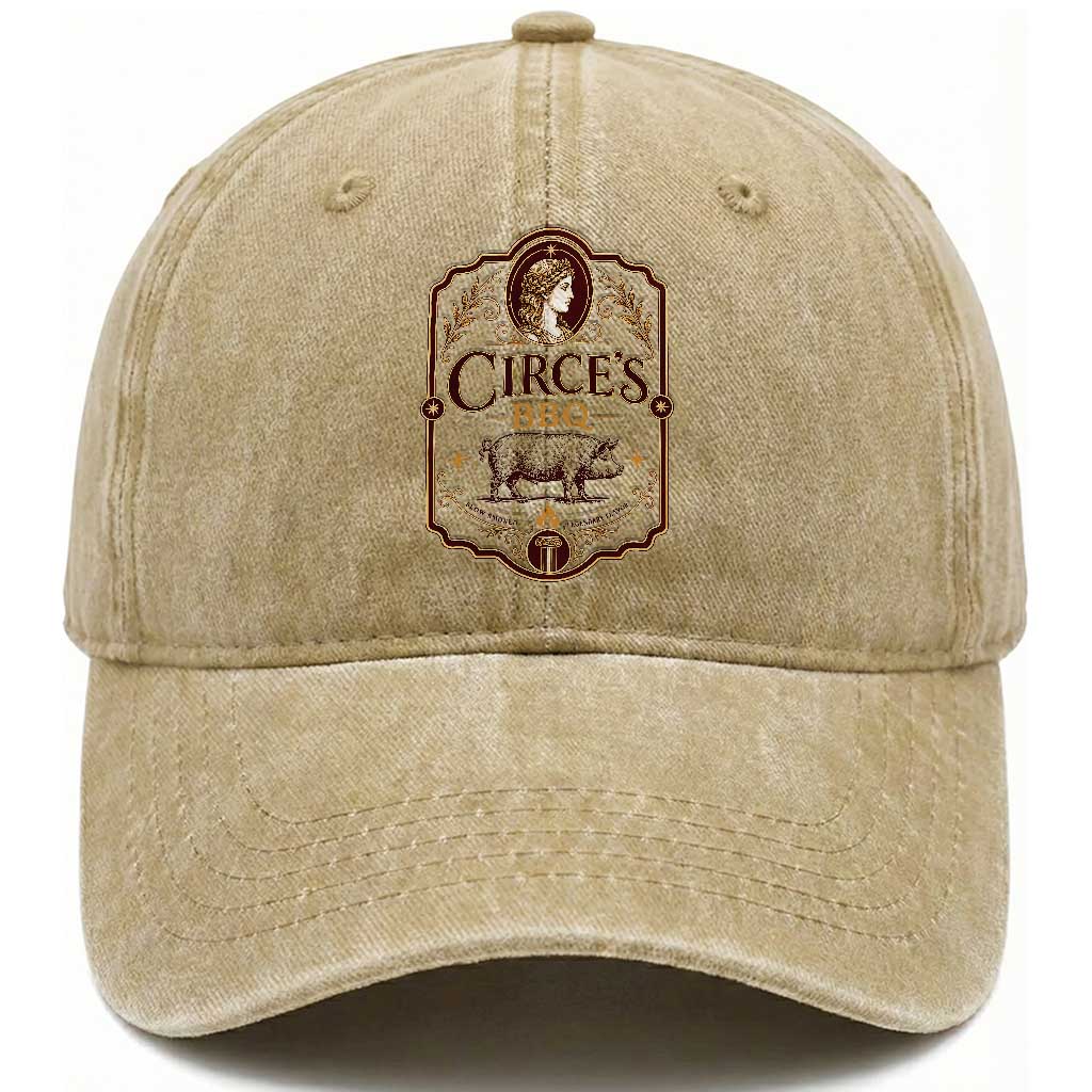 Circes BBQ Funny Greek Mythology Dark Humor Washed Cotton Baseball Cap Slow Smoked Legendary Flavor Odysseus Pigs Odyssey Parody
