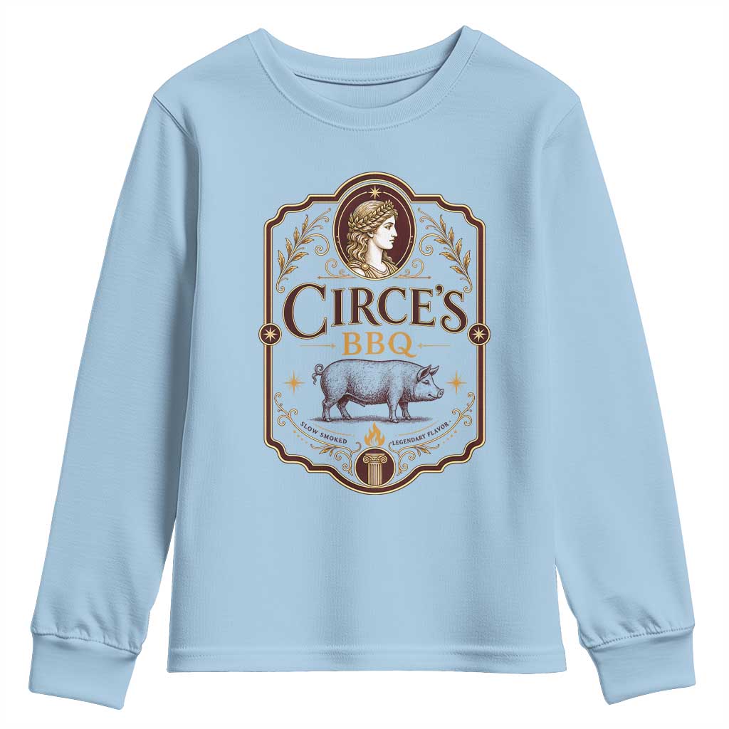Circes BBQ Funny Greek Mythology Dark Humor Youth Sweatshirt Slow Smoked Legendary Flavor Odysseus Pigs Odyssey Parody
