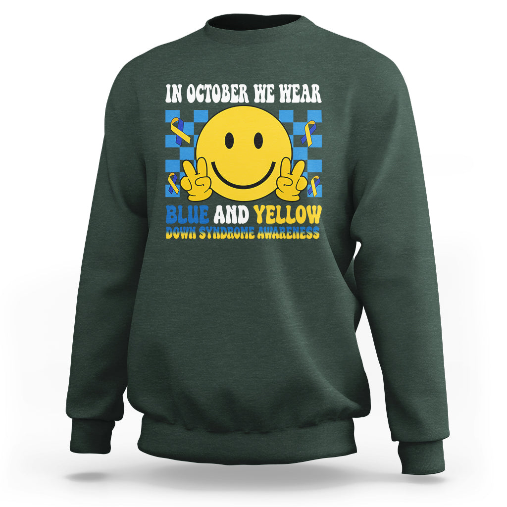 Down Syndrome Awareness Sweatshirt In October We Wear Blue And Yellow Support Squad - Wonder Print Shop
