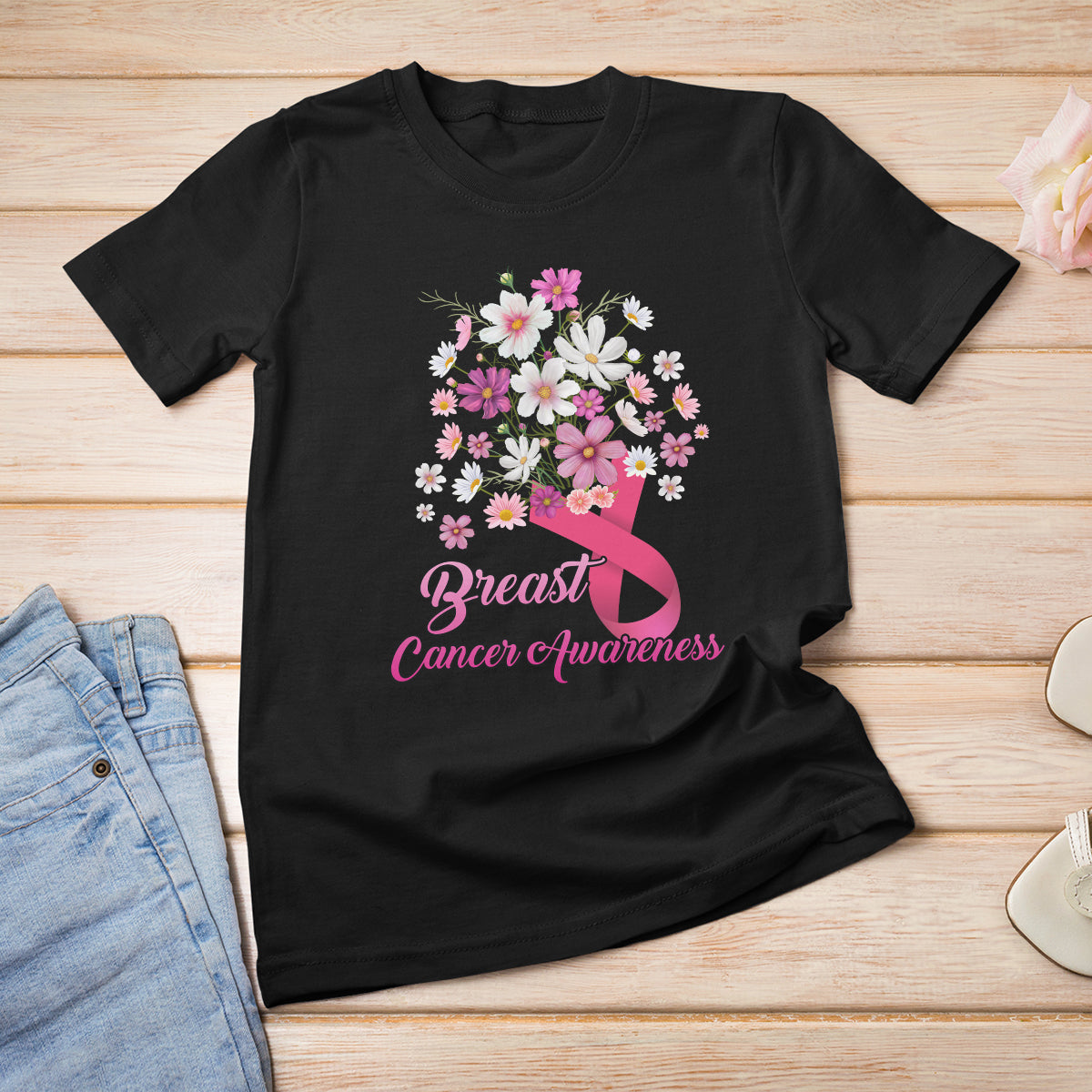 Breast Cancer Awareness T Shirt Pink Ribbon Flower Bouquet Supoprt Women Breast Cancer Warrior - Wonder Print Shop
