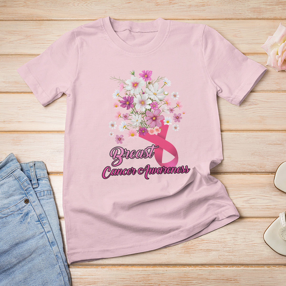 Breast Cancer Awareness T Shirt Pink Ribbon Flower Bouquet Supoprt Women Breast Cancer Warrior - Wonder Print Shop