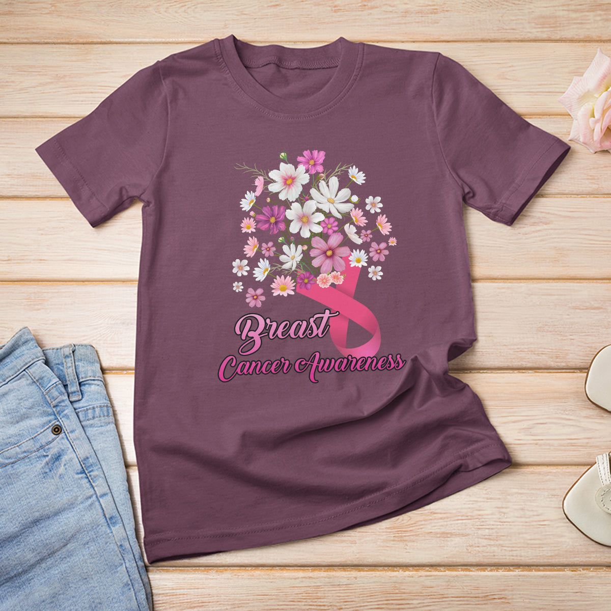 Breast Cancer Awareness T Shirt Pink Ribbon Flower Bouquet Supoprt Women Breast Cancer Warrior - Wonder Print Shop