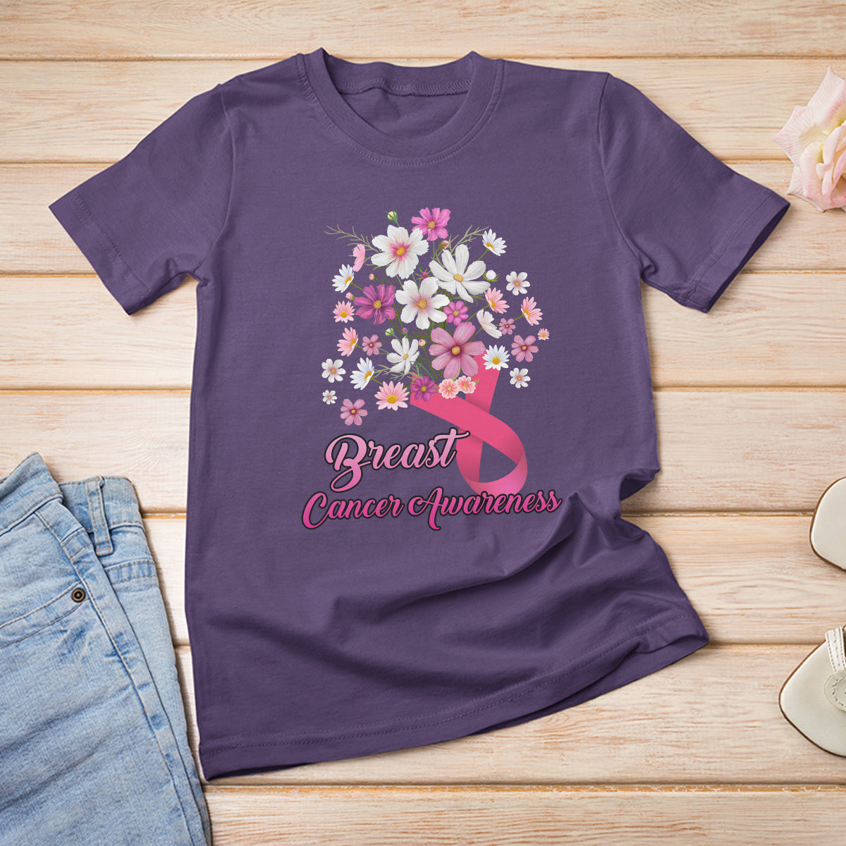 Breast Cancer Awareness T Shirt Pink Ribbon Flower Bouquet Supoprt Women Breast Cancer Warrior - Wonder Print Shop