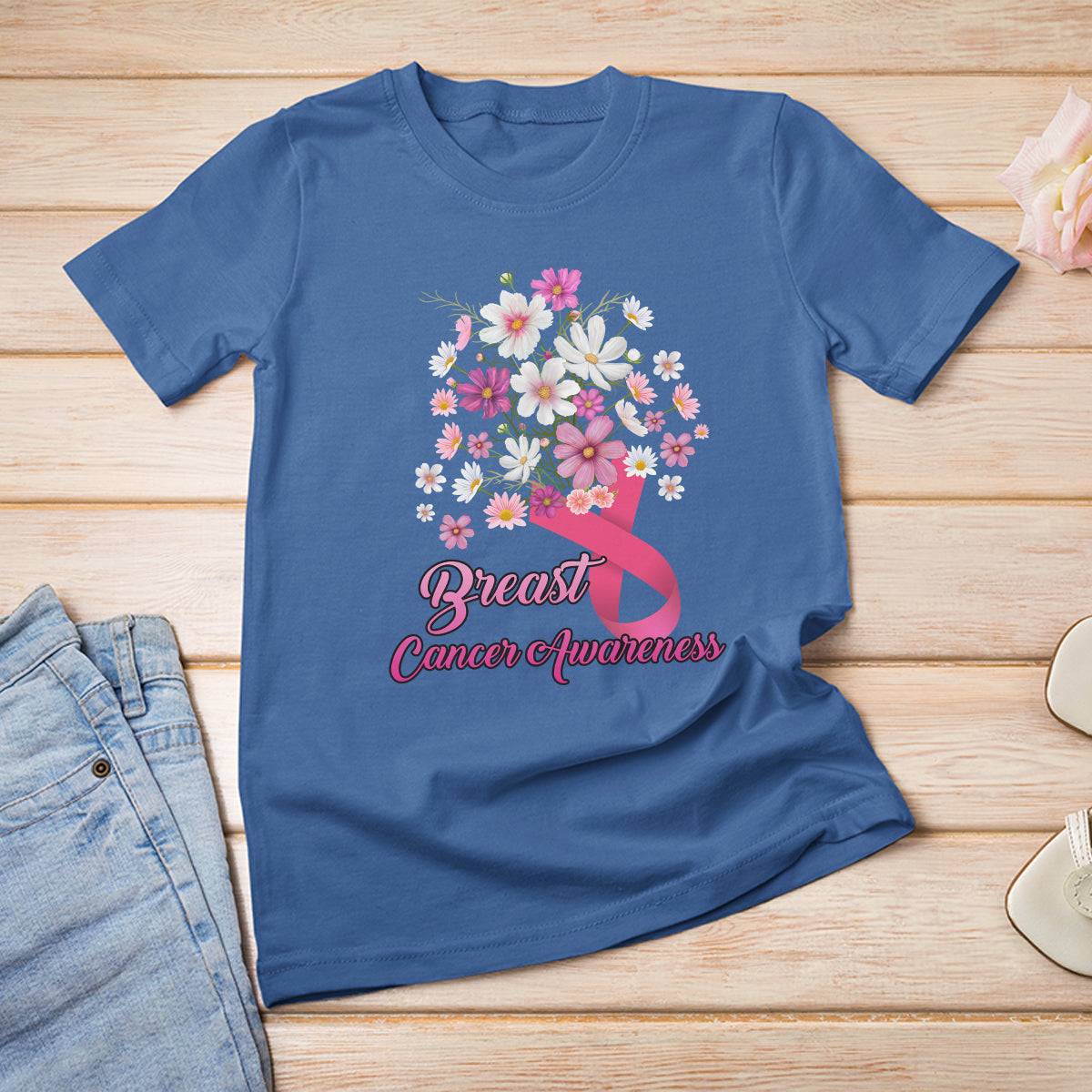 Breast Cancer Awareness T Shirt Pink Ribbon Flower Bouquet Supoprt Women Breast Cancer Warrior - Wonder Print Shop