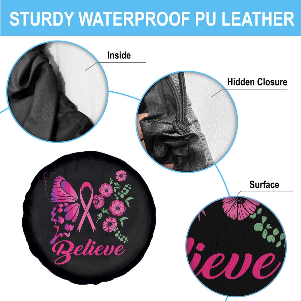 Breast Cancer Awareness Spare Tire Cover Believe Butterfly Flower Pink Ribbon Support Squad