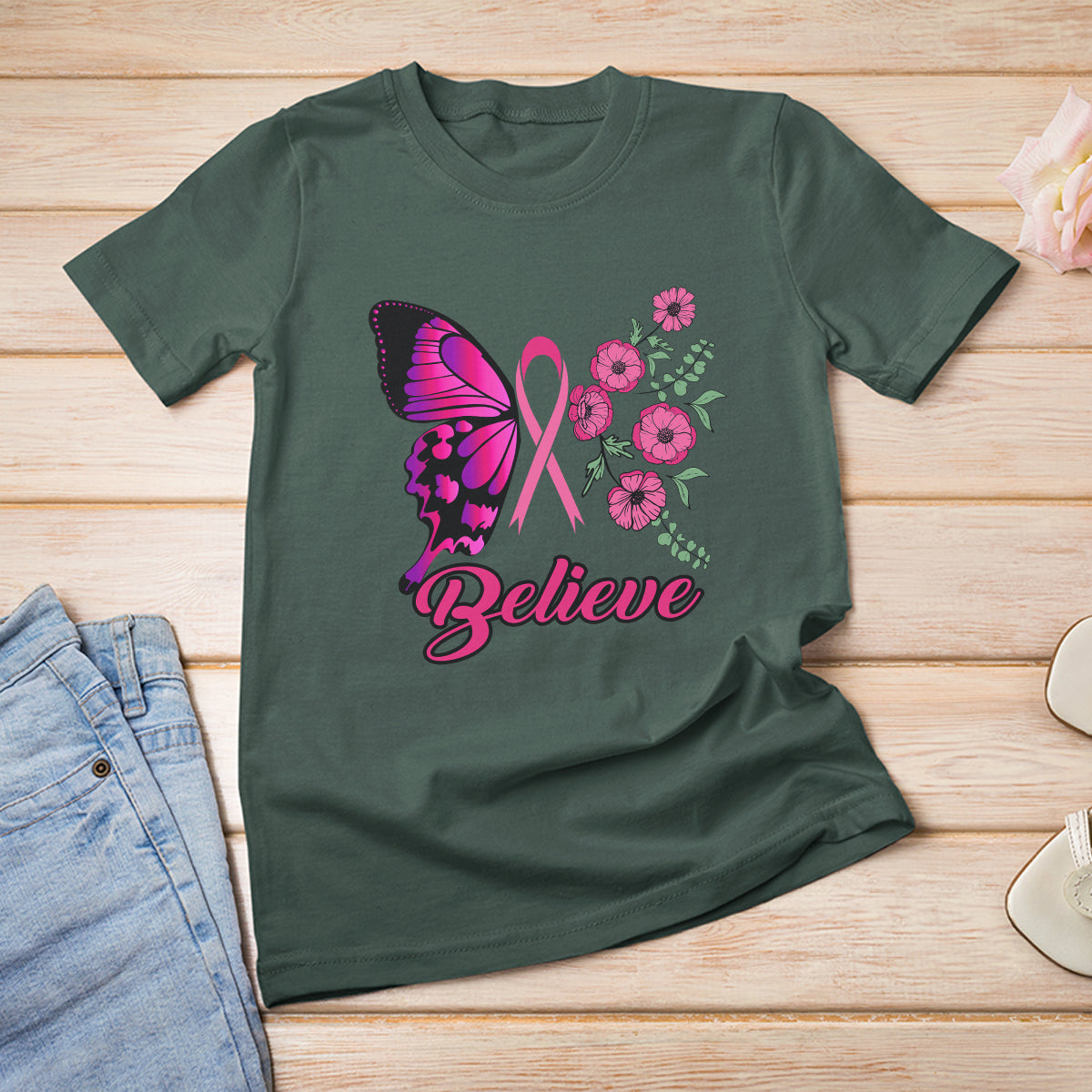 Breast Cancer Awareness T Shirt Believe Butterfly Flower Pink Ribbon Support Squad - Wonder Print Shop
