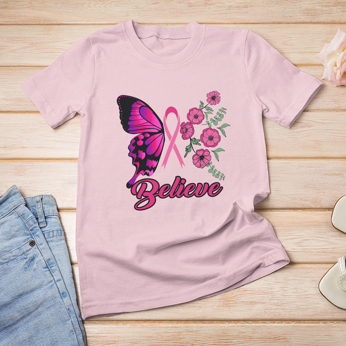 Breast Cancer Awareness T Shirt Believe Butterfly Flower Pink Ribbon Support Squad - Wonder Print Shop