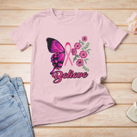 Breast Cancer Awareness T Shirt Believe Butterfly Flower Pink Ribbon Support Squad - Wonder Print Shop