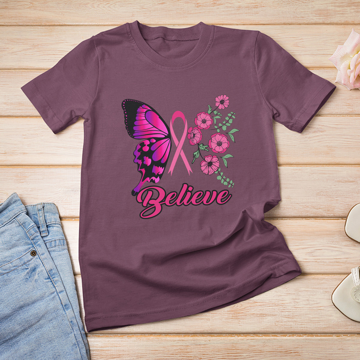 Breast Cancer Awareness T Shirt Believe Butterfly Flower Pink Ribbon Support Squad - Wonder Print Shop