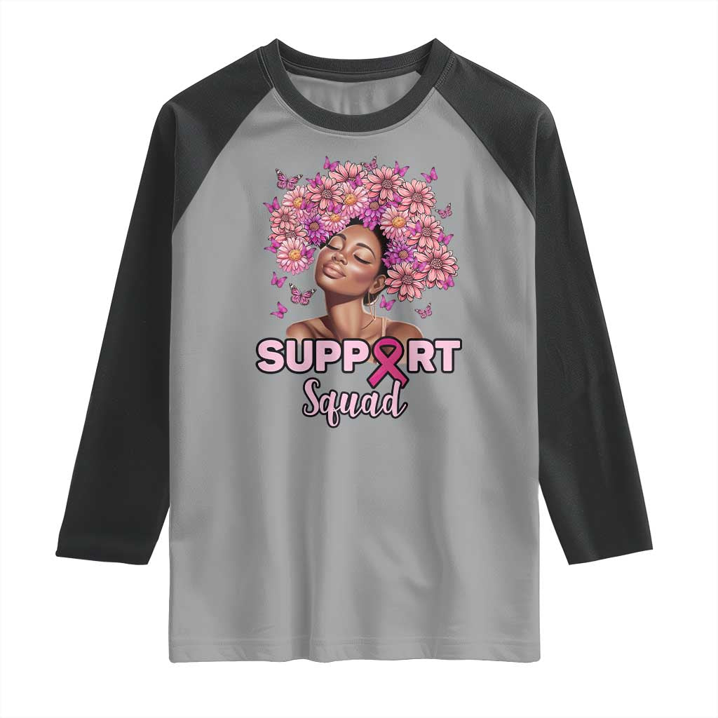 Breast Cancer Awareness Raglan Shirt Black Afro Woman Support Squad Pink Ribbon Sunflower