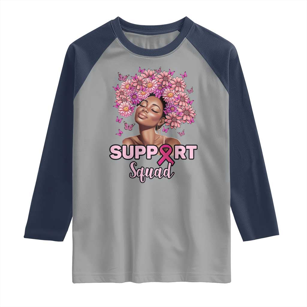 Breast Cancer Awareness Raglan Shirt Black Afro Woman Support Squad Pink Ribbon Sunflower