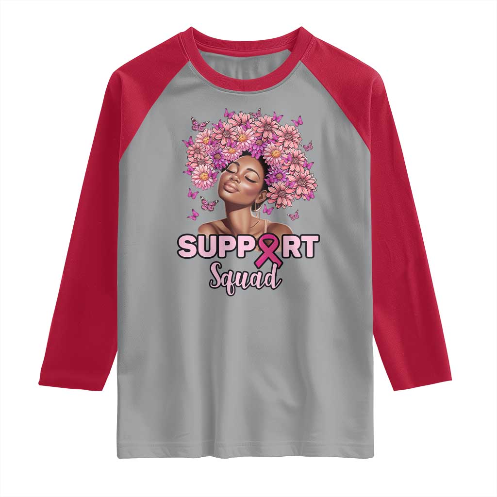 Breast Cancer Awareness Raglan Shirt Black Afro Woman Support Squad Pink Ribbon Sunflower