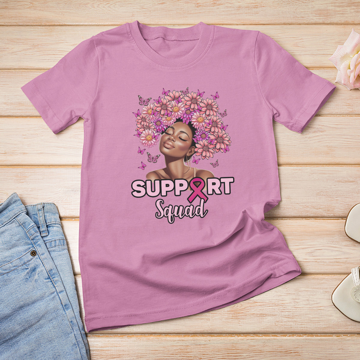 Breast Cancer Awareness T Shirt Support Squad Black Afro Women Pink Ribbon Sunflower - Wonder Print Shop