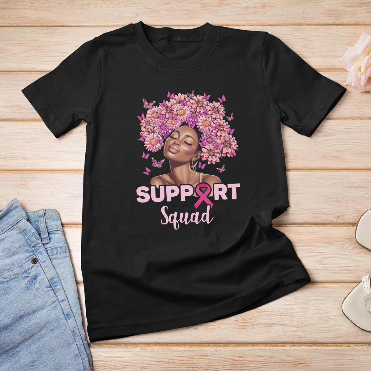 Breast Cancer Awareness T Shirt Support Squad Black Afro Women Pink Ribbon Sunflower - Wonder Print Shop